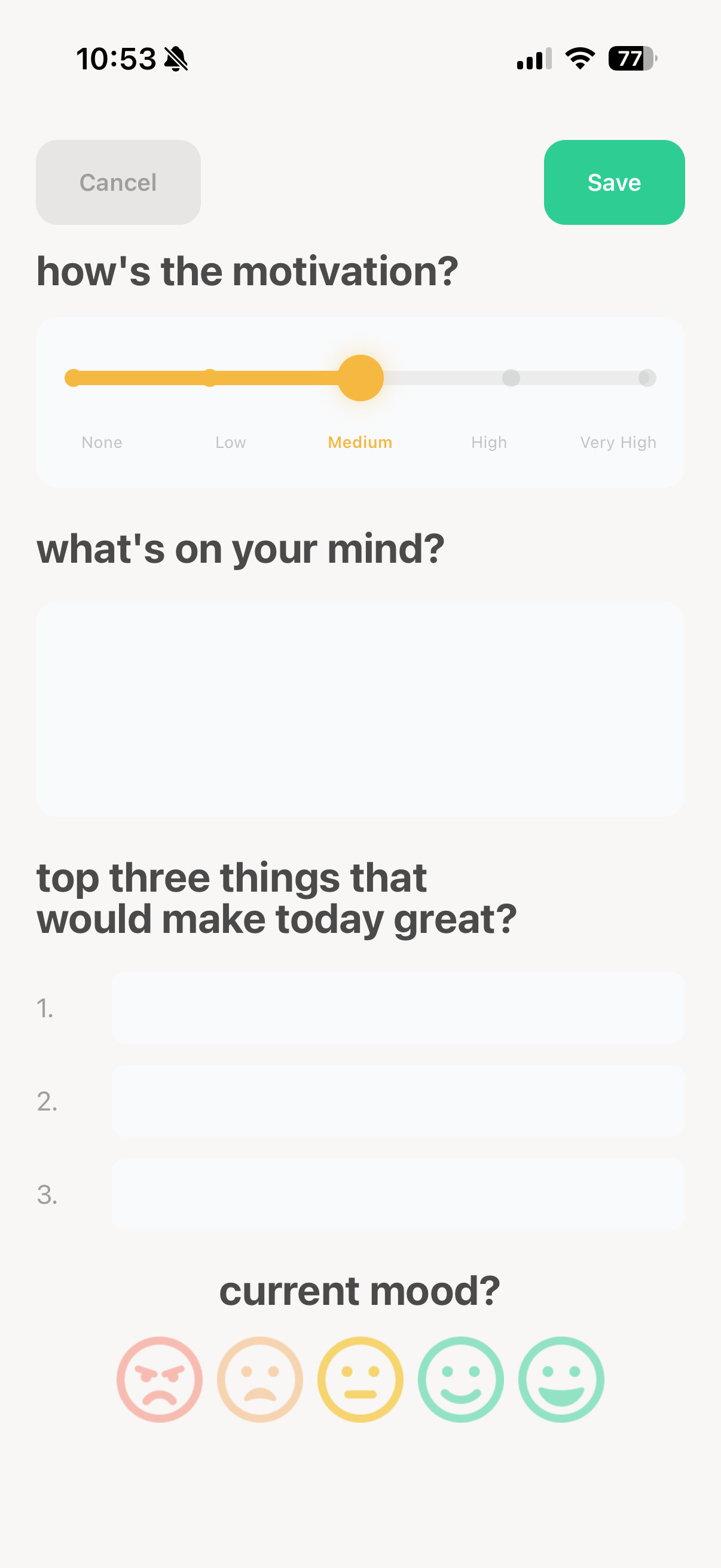 Fern morning planner showing motivation slider and brain dump prompts