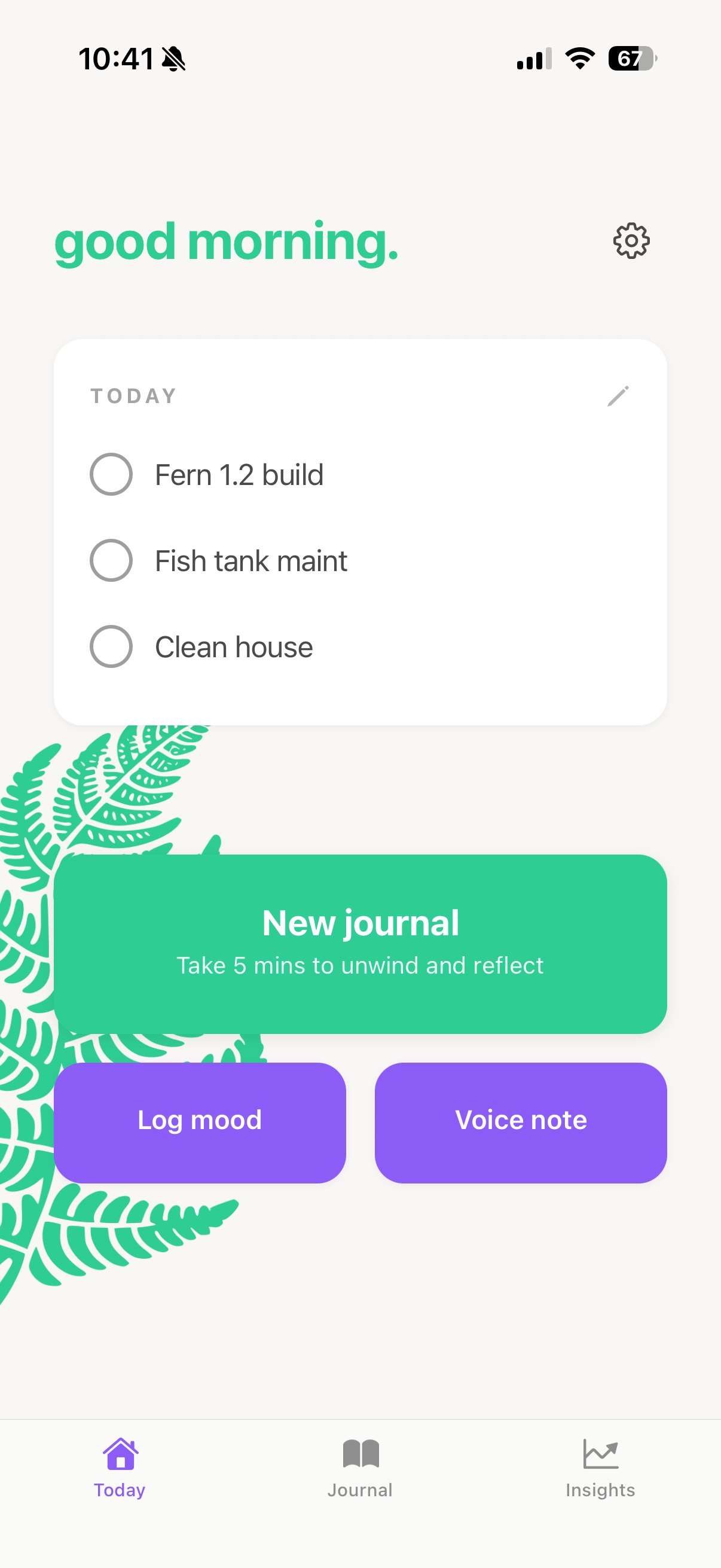 Fern today screen showing daily tasks and journal prompts