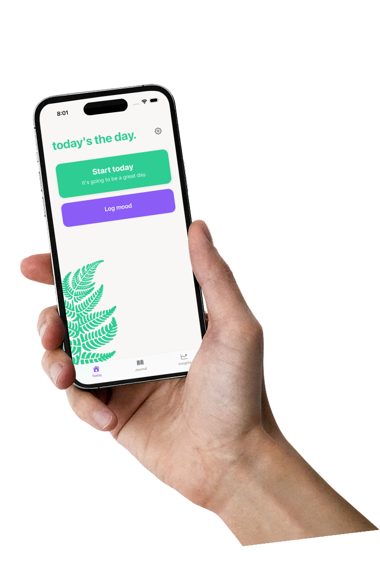 Fern Journal app interface showing prompts such as start today and log mood.